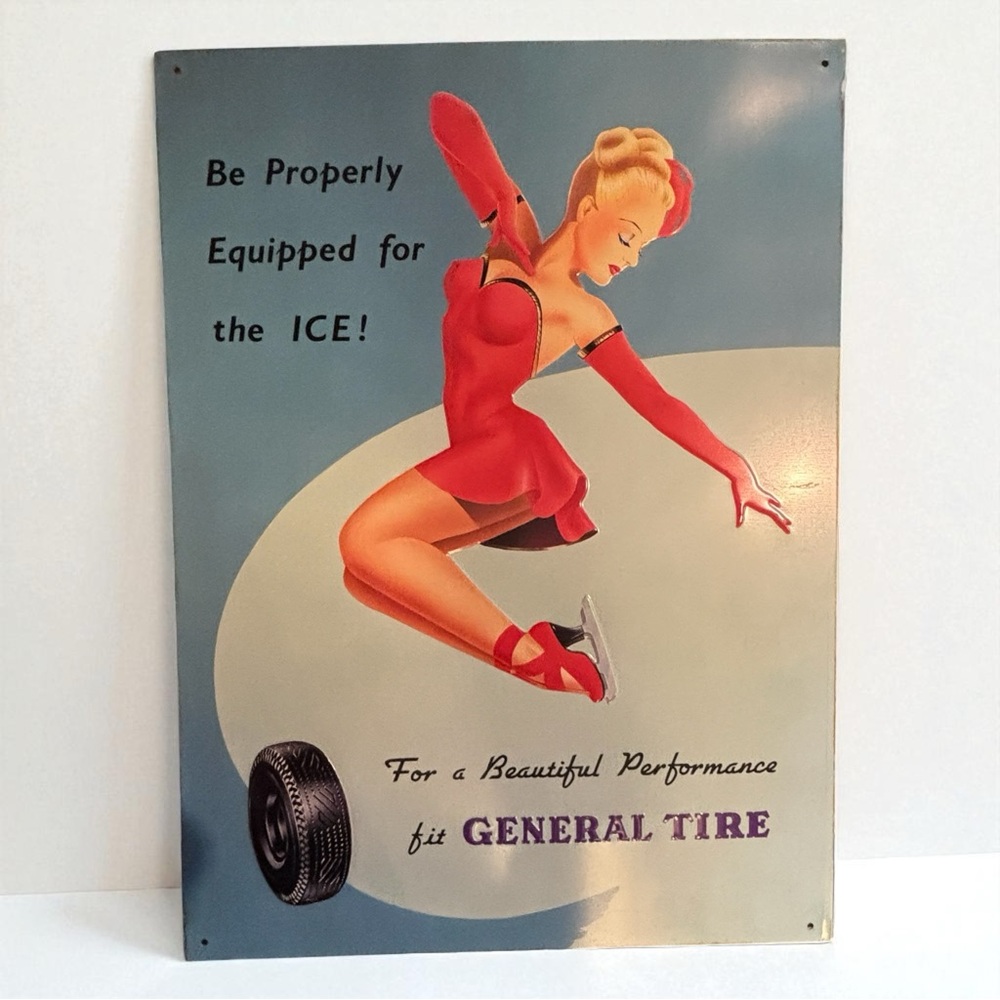 General Tire Embossed Metal Sign Ice Skater Retro Wall Decor Great Britain 1993